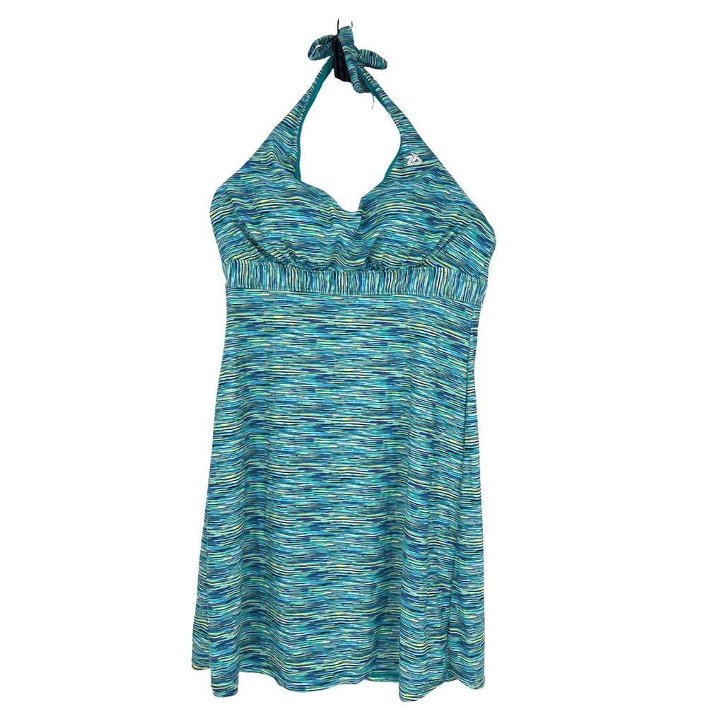 ZeroXposur Marina Paddle Dress XXL Teal Lime Striped Halter Swim Dress UPF 30+